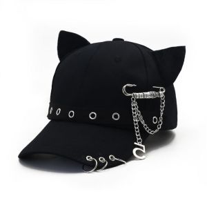 JOANNAUK Rivet Cat Ear Baseball Cap Hiphop Pin Metal Ring Baseball Hat Casual Punk Peaked Cap Girl
