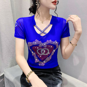YIMEI Đẹp Quảng Châu Phụ Nữ Của T-Shirt 2023 Cộc Tay Mới Mùa Hè Nghề Nặng Kim Cương Tình Yêu Hàng Đầu V-Cổ Lụa Băng Lưới Hai Lớp T-Shirt