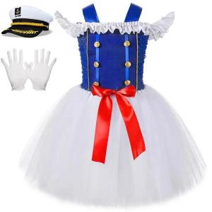 11.11 Girls Blue White Sailor Marine Navy Sparkly Tutu Dress With Gloves Hat Holiday Party Role Play Stage Performance Uniform Outfit h2610
