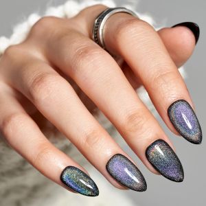 GLAMERMAID Black Blue Magnet Cat Eyes Press on Nails Short Almond Rainbow Handmade Gel Fake Nail Kit Ombre Glitter Magnetic Glue on Nail Stiletto Medium Oval Stick on False Nail Set for Women