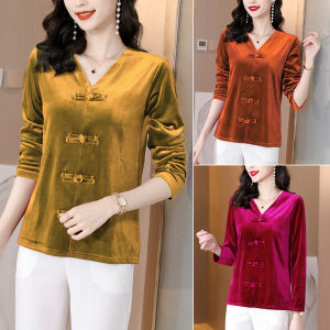 Long-sleeved T-shirt Disc Button Bottoming Shirt Top Womens V-neck Gold Velvet