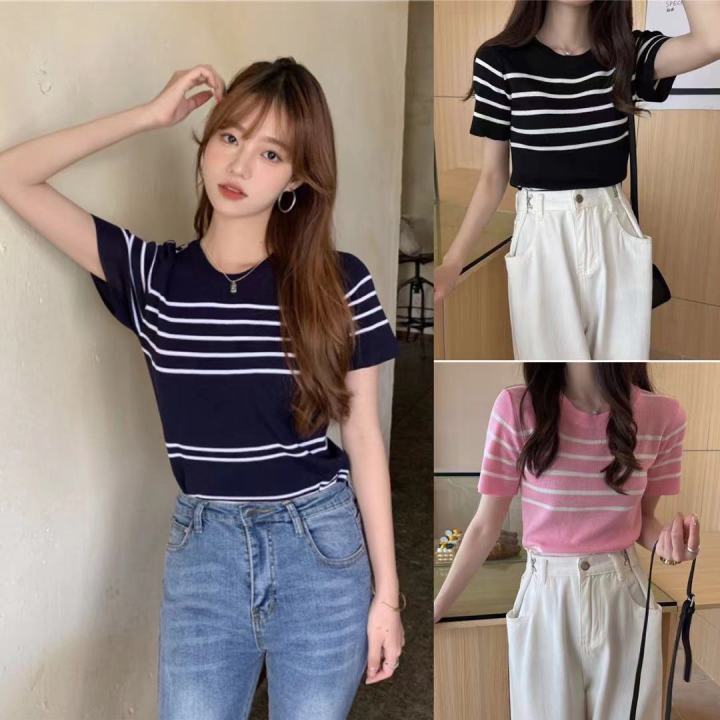 Kim-shop*พร้อมส่งเสื้อยืดไหมพรม เสื้อไหมพรมอย่างดี แขนสั้นไหมพรม ลายทาง ...