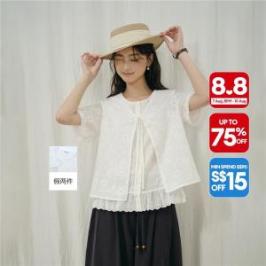 Giordano Women Fake two-piece embroidered cotton blouse Free Shipping 18346226