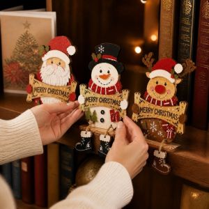 YERZ 2D Flat Wooden Christmas Ornaments Delicate Festive Printing Lightweight Solid Wood Holiday Party Decorations Small Gift Smooth Wood Surface Tabletop Decor Christmas