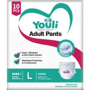 YOULI Breathable Adult Diaper - L (2000ml x 10 Pcs) Fast Absorption Leak-Proof Adult Pull-Up Pants