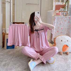 Ready stock)3PCS /SET Womens Pajamas Womens Summer New Sweet Solid Color Short-sleeved Shorts Trousers Womens Casual Home Wear Set
