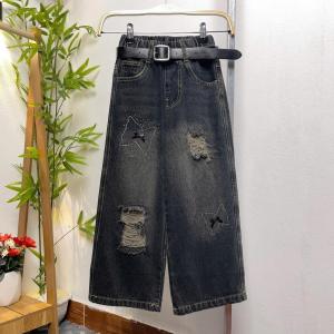 Quần jean bé gái ống sớ 6-12 tuổi đính đá và thêu logo vải co giãn dáng thời trang