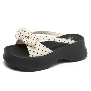 [Free Shipping] Bowknot Polka Dot WomenS Summer Slippers Niche Design Slimming Thick-Soled Outdoor Wear Non-Slip Height-Increasing Open-Toe Sandals