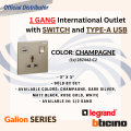 Bticino Galion 16A 250VA 1 Gang International Socket Outlet with Switch and Type-A USB Charger. 