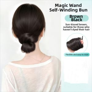 MAOMEI STUDIO Synthetic Self-Winding Bun Hair Extension 16Inch Flexible Wrap Around Long Straight Hairpieces Fashion Natural Flower Bun Head Wig for Women