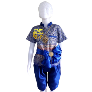 ชุดไทยเด็กชุดไทยเด็กชาย เซ็ต2ชิ้นเสื้อแขนสั้นผ้าพิมพ์ทองตกแต่งลายคอ-กระเป๋าด้วยผ้าไหมอิตาลี-โจงกระเบนผ้าไหมอิตาลีพร้อมใส่แถมฟรีๆผ้าคาดเอวเก๋ๆ