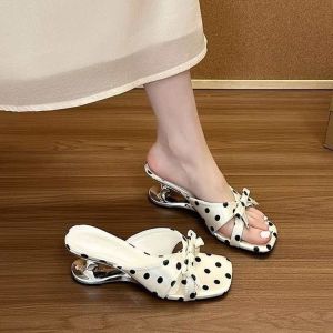 [Free Shipping] Retro Black And White Polka Dot Bowknot Sandals For Women 2026 Summer New Style Square-Toed Unique Wedge Heel Slippers For Outdoor Wear