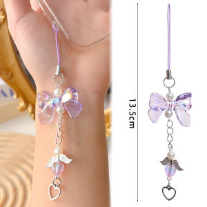 Sweet Angel Wings Bow Keychain Elegant Bowknot Love Bead Bag Pendant Car Keyring Pink Phone Chain Decor Perfect Gift