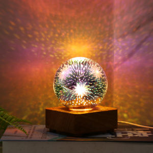 Colorful 3D Fireworks Night Light Glass Ball Desk Lamp with Wood Base USB Powered RGB LED Mood Lighting for Bedroom Beside Table Decoration Valentines Day Gift