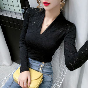 Womens Lace Long Sleeve Shirt Deep V-Neck French Slimming Hollow Mesh Top Stylish Versatile