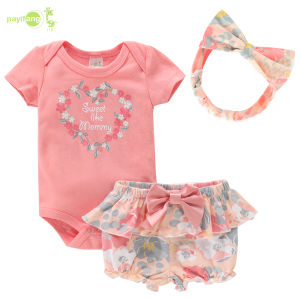 PAYI BABY-3PCS Baby Girls Short Sleeve Onesies Cotton Romper Bodysuits+Floral Ruffle Shorts+Headband