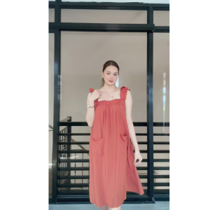 SC119 Frill Squareneck Challis Linen Ruffle Midi Lounge Dress with pockets
