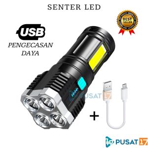 SENTER LED 4 MATA SUPER TERANG / SENTER LED RECHARGEABLE CAS ULANG / SENTER CAS LED USB / SENTER 4 MODE JARAK JAUH CAMPING EMERGENCY LAMP