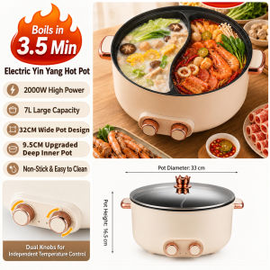 【COD】Kalinga 7L Yin Yang Electric Two Flavor Hot Pot Fast Boil In 3.5 Mins Dual Separate Temperature Control Non-Stick Electric Cooker 2000W Fast Heating For Family Home Party Gathering Household Use