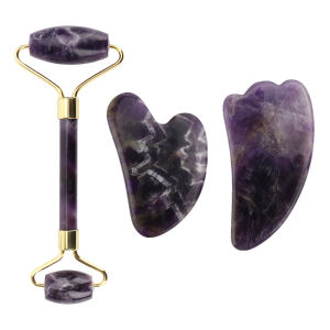 DECINIEE 100% Natural 3 Pcs Rose Quartz Jade Roller Gua Sha Set Facial Body Massager Roller Jade Stone Massage Set Face Lifting Beauty Massage Tools