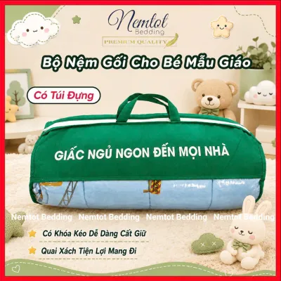 🌙BÉ NGỦ NGON🌙Bộ Nệm Gối Trẻ Em Đi Học Lyocell Than Hoạt Tính Mềm Mát (Có Túi Đựng) - Nemtot Bedding