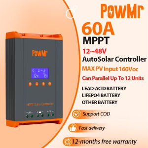 PowMr 2026 New 60A MPPT Solar Charge Controller Auto 12V/24V/36V/48V Max PV 160VDC Backlit LCD Built-in Cooling Fan Temp Compensation Parallel Up To 12 Units for Lead Acid & LiFePO4 Battery