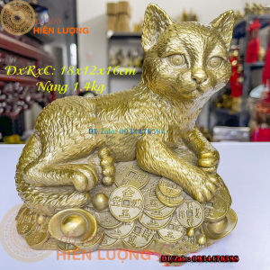 Tượng Mèo Nằm Bệ Tiền Bằng Đồng Thau Màu Vàng Kích Thước 18x12x16cm Nặng 14Kg - Quà Tặng Cho Năm Quý Mão