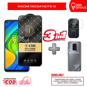 Paket 3in1 Tempered Glass Xiaomi Redmi Note 9 Anti Gores Layar Anti Static Free Camera Dan Skin