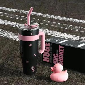 Kpop black&pink 1250ml coffee cup large capacity stainless steel insulated cup straw cup portable coffee cup beverage