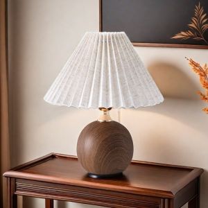 Vintage Pleated Fabric Table Lamp 3-Level Dimmable Wood Grain Base Bedside Lamp for Bedroom Living Room Home Decor