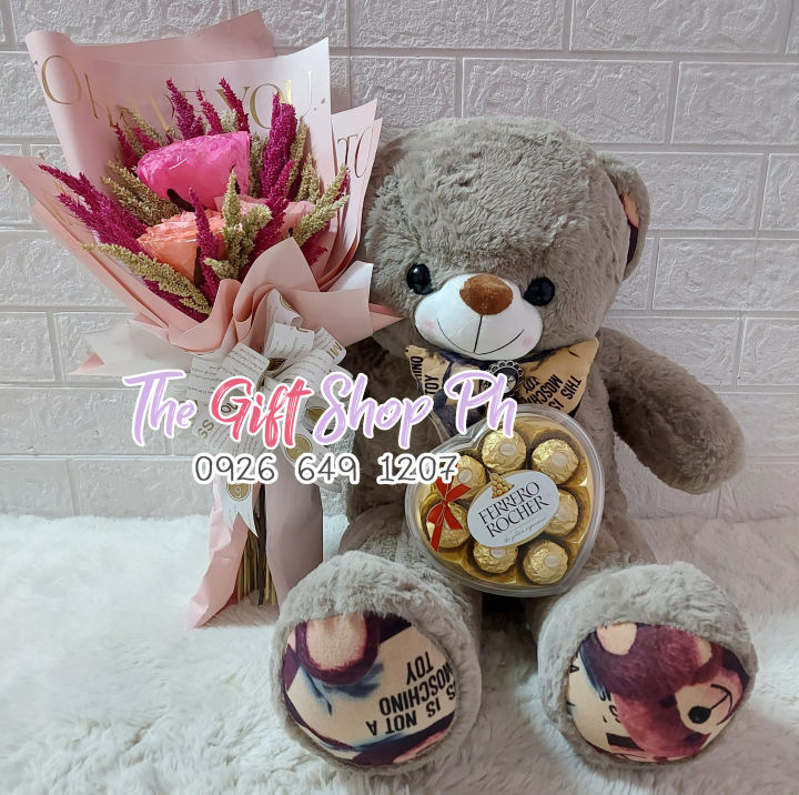 Cute Teddy Dried Flower Bouquet Package Gift Idea for Valentines