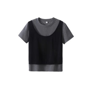 เสื้อยืดสีเทา แขนสั้น คอกลม ต่อเสื้อกล้ามสีดำ เซ็ต2ชิ้น (ติดกัน) ผ้า Cotton นุ่ม สไตล์สตรีท เสื้อยืดผู้หญิงแขนสั้น #6003