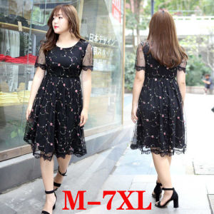 M-7XL Flowers Print Loose Plus Size Dresses O-Neck Dress Cascading Ruffle Lace Party Dress A Line Short Sleeve Clothing Female