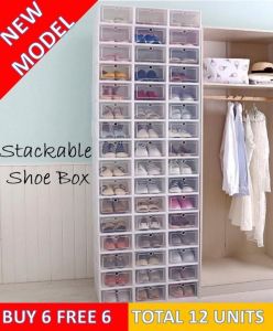 SET OF 12 BOXES Stackable Shoes Box Rack / Shoe Storage Cabinet Shelf (Transparent/White/Black) soft body hard cover assemble to be a solid box use instruction manual