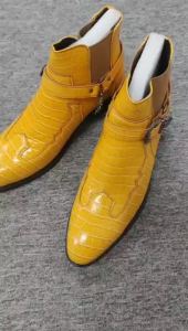 Mens High Heel Western Cowboy Ankle Boots Pointy Toe With Chain Motorcycle Moto Riding Dress Boots EU 38-46