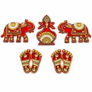 Traditional Reusable Red Laxmi Charan Paduka with Kalash & Elephant Acrylic Rangoli Decor for Diwali (1 Set)