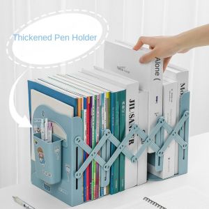 ANBIHE Fixed Book Clip Retractable Bookends with Pen Holder Save Space Divider Book Stand Durable Stationery Adjustable Bookshelf Book Support Stand