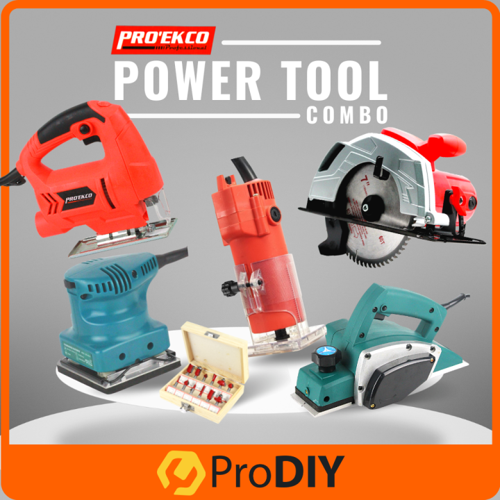 PRO'EKCO POWER TOOL COMBO SET Finishing Sander Electric Planner Jig Saw Circular Saw Wood Trimer