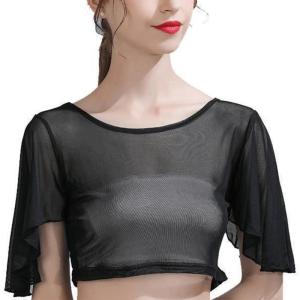 Womens See Through Mesh Slim Fit Crop Top Ruffle Half Sleeve Crewneck Sheer T-Shirt for Clubwear and Casual Outfits