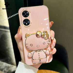 For OPPO A18 A38 A58 A78 A98 A5S A7 A12 A3S A12E A16 A16K A17 A17K Deluxe Electroplated Phone Case Fashion Cute KT Cat Cosmetic Mirror Holder Phone Cover