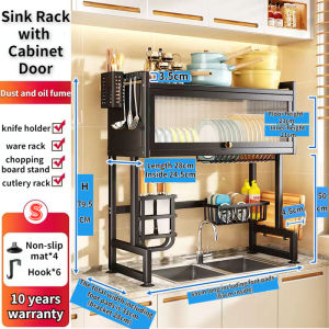 RISE Dustproof Dish Rack Metal Kitchen Organizer Door Multi-functional Sink Rack Metallic Dish Cabinet Rack