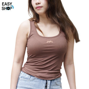 Yingnoy Soft Tank | เสื้อกล้ามมินิมอล ผ้าร่องเนื้อนุ่มพิเศษ คอเว้า กระชับทรงสวย งานปักกลางอก สี Cocoa