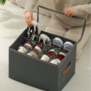 1pc Foldable Shoe Organizer with Lid - Heavy-Duty Nylon Storage Box Dustproof Closure for Closet Under-Bed Travel - Space-Saving Organizer for Shoes Clothes Accessories - Stackable Design Home Organization Sturdy Construction Home Organizers