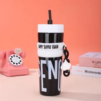 900ml Cute Large Capacity Straw Cup Outdoor Portable Straw Cup Dopamine Water Bottle With Handle