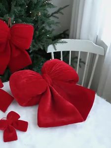 Velvet Bow Ornament 3D Puffy Bowknot Hanging Decor Burgundy For Christmas Tree Wreath Stair Rail