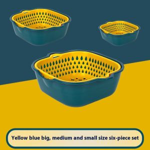 SEA JJT 【จัดส่งในท้องถิ่นในประเทศไทย】ตะกร้าระบายน้ำในครัวอเนกประสงค์6ชิ้นตะกร้าล้างผักพลาสติกตะกร้าผักผลไม้ตะกร้าผักสองชั้น