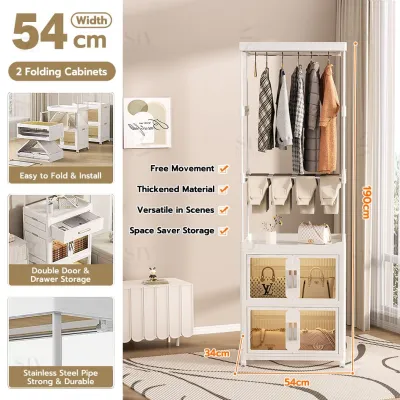 SIV 65cm Double Open Doors Wardrobe Storage Cabinet Multipurpose Moveable Stackable Folding Storage Cabinet With Pulley