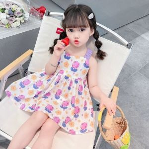 Q-1151 STORE Tulip Baby Girls Beach Dresses Strapless Floral A-Line Dress Princess Style Soft Girls Clothing Summer