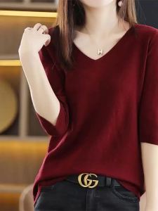 Jualan PanasStella Fashion Womens Mid-Sleeved Pullover With Core-Wrapped Yarn V-Neck Knitted Loose Outer Bottoming Shirt Top