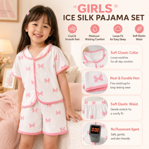 AILEBE Kids Pajamas For Girls Terno Sleepwear Pambahay Set 100% Ice Silk Soft Smooth Breathable Moisture-Wicking Short Sleeve Classic Collar Loose Fit Elastic Waistband Summer Hot Weather Homewear Multiple Colors